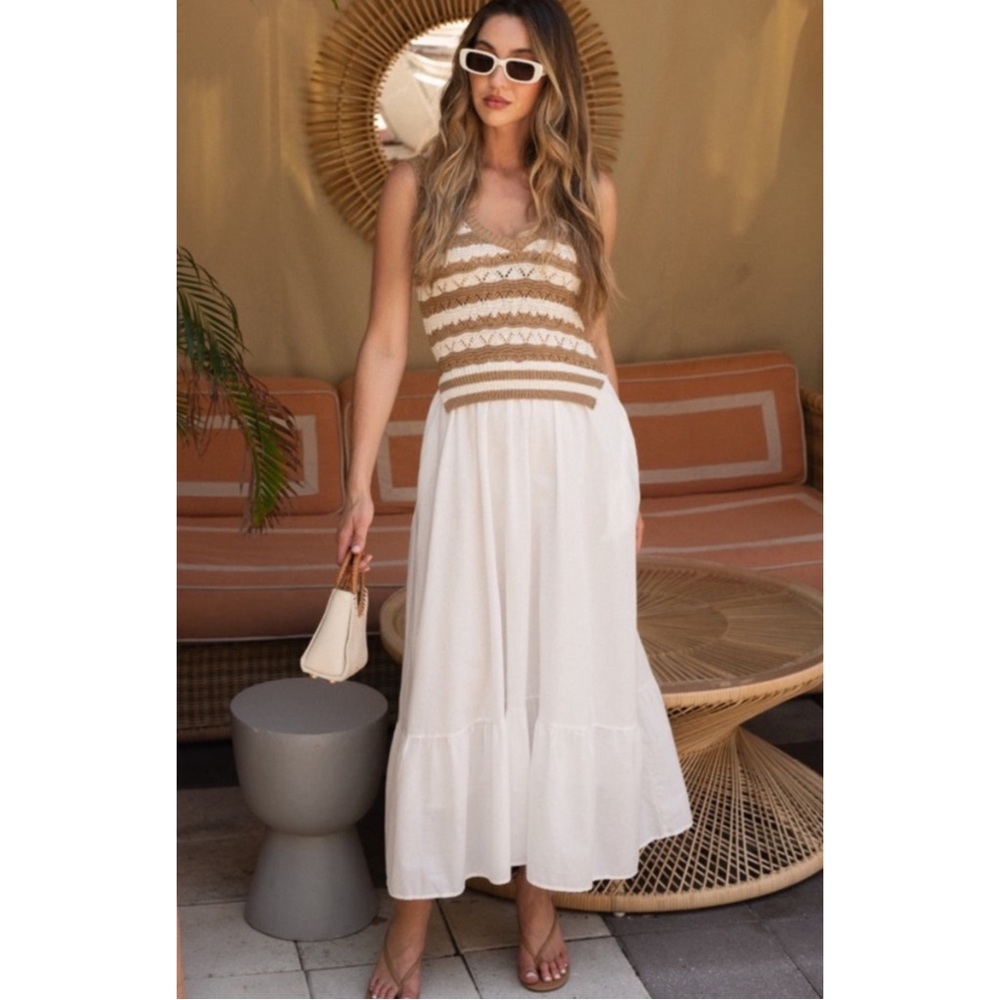 ELAN | Autumn Mixed Media Knit Dress in Bali Sands Tan/White, Size Large